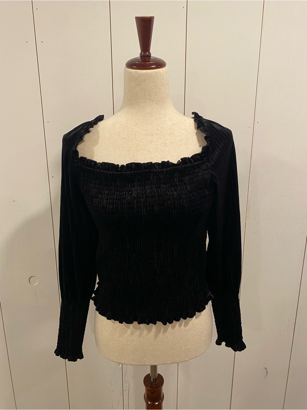 New✨OAT Black Smocked Velvet Square Neck Top